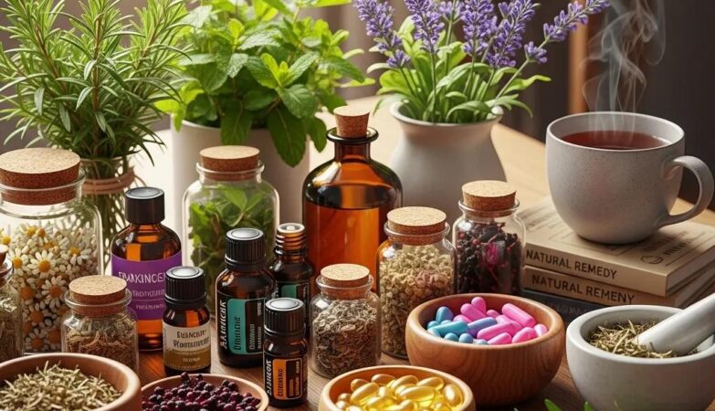 A collection of herbal supplements and organic wellness products emphasizing natural health solutions