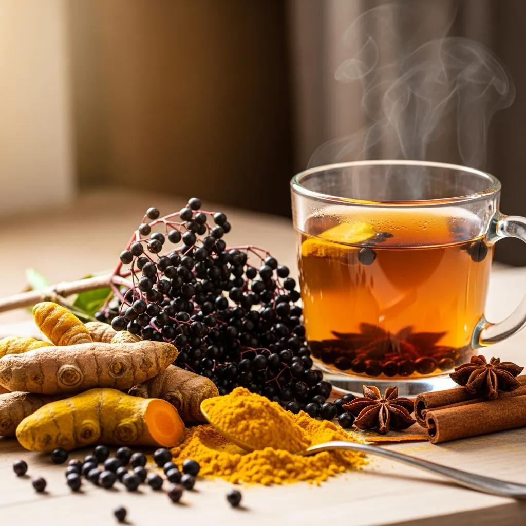 Turmeric and elderberry with herbal tea representing immune support through herbal supplements