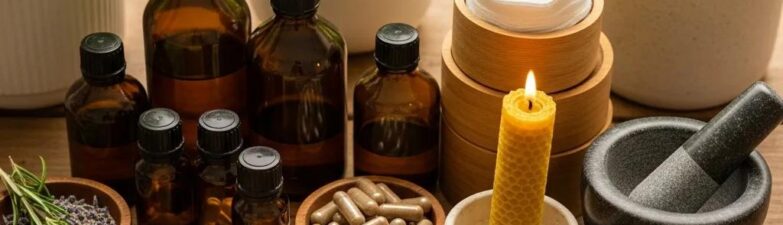 Aesthetic arrangement of herbal supplements and organic wellness products on a wooden table, highlighting natural health