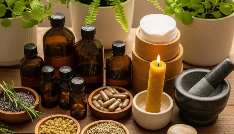 Aesthetic arrangement of herbal supplements and organic wellness products on a wooden table, highlighting natural health