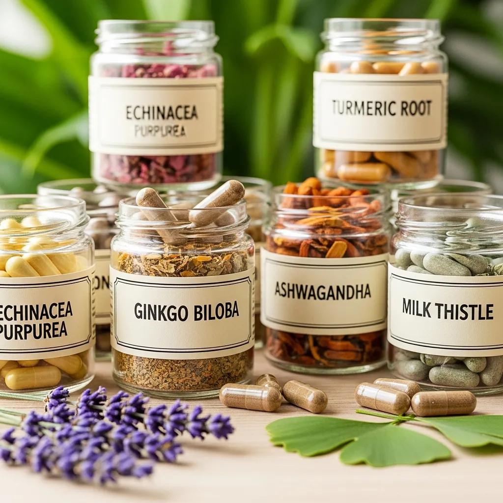 Close-up of herbal supplements in glass jars, emphasizing the benefits of natural remedies for health