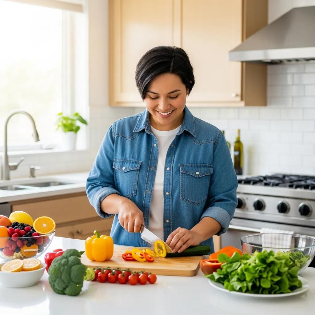 Person preparing a healthy meal with fresh fruits and vegetables in a bright kitchen, promoting holistic health